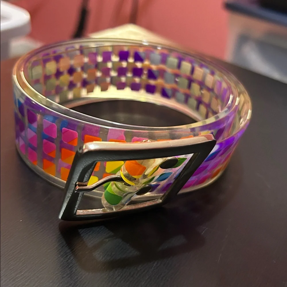 VINTAGE Clear PVC Jelly Belt Metal Buckle Rainbow Squares Disco Y2K
